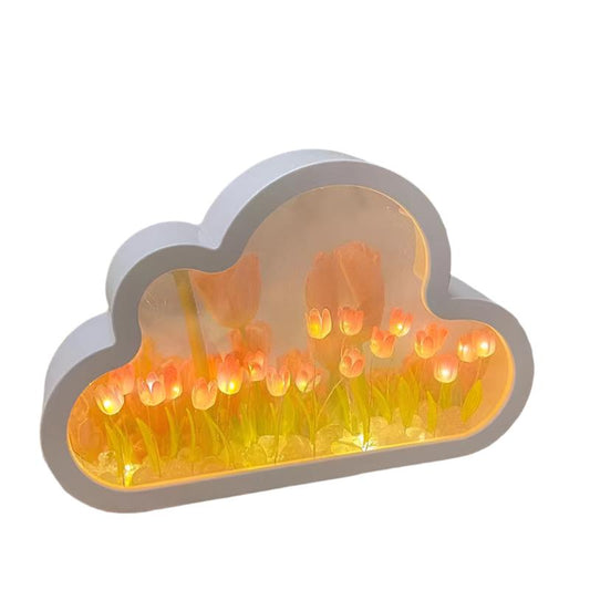 Handmade DIY Cloud Tulip Mirror with Small Night Light - Unique Decorative Lighting for Bedrooms & Living Spaces