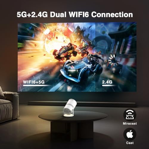 Smart Mini Projector with WiFi 6 and Bluetooth, Auto Keystone Outdoor Movie Projector, Big Screen Home Portable Projector for Phone/TV Stick/Laptop/HDMI